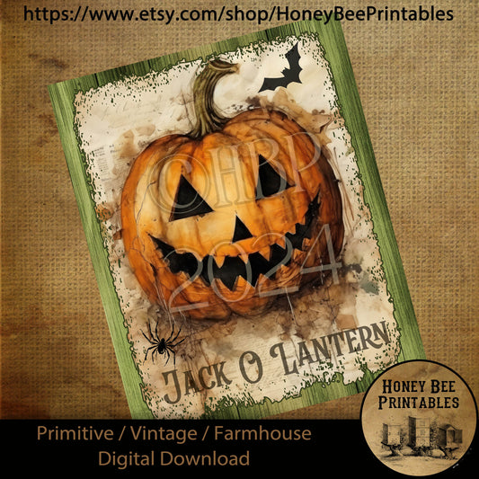 Vintage Digital Download Printable Sublimate Decoupage Primitive,Pumpkins, Fall, Autumn, Halloween, Grungy Jack-0-Lantern, Green Wood Border