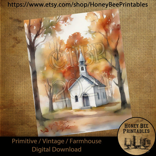 Vintage Digital Download Printable Sublimate Decoupage Primitive, Painting, Fall, Autumn, Old Rustic White Country Church, White Chapel 01