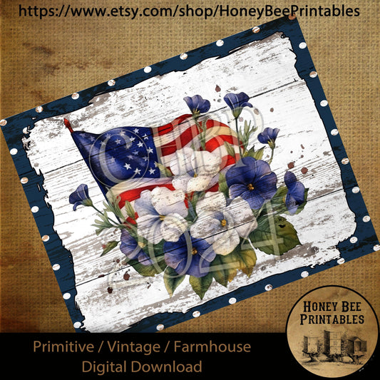 Vintage Primitive Farmhouse Digital Download Printable Decoupage Patriotic, American Flag, Flowers, White Wood, Polka Dots, Red, White, Blue