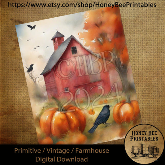 Vintage Digital Download Printable Sublimate Decoupage Primitive, Painting, Old Crow, Pumpkins, Fall, Autumn, Watercolor, Red Barn, Crow 03