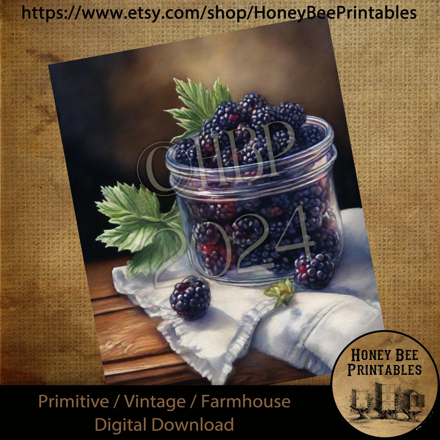 Vintage Digital Download Printable Sublimation Decoupage Primitive, Painting, Fruit Jar of Blackberries, Berries, Wood Table, Towel,