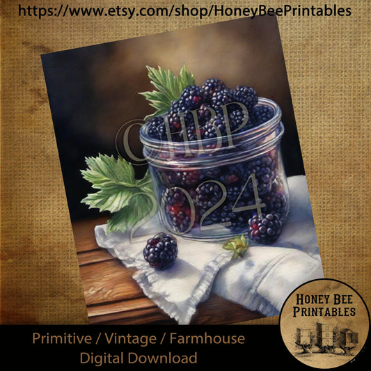 Vintage Digital Download Printable Sublimation Decoupage Primitive, Painting, Fruit Jar of Blackberries, Berries, Wood Table, Towel,