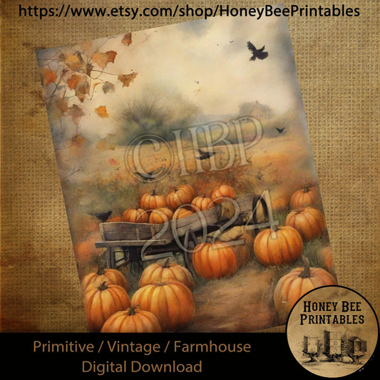 Vintage Digital Download Printable Sublimate Decoupage Primitive, Painting, Crow, Fall, Autumn, Watercolor, Halloween, Old Wagon of Pumpkins