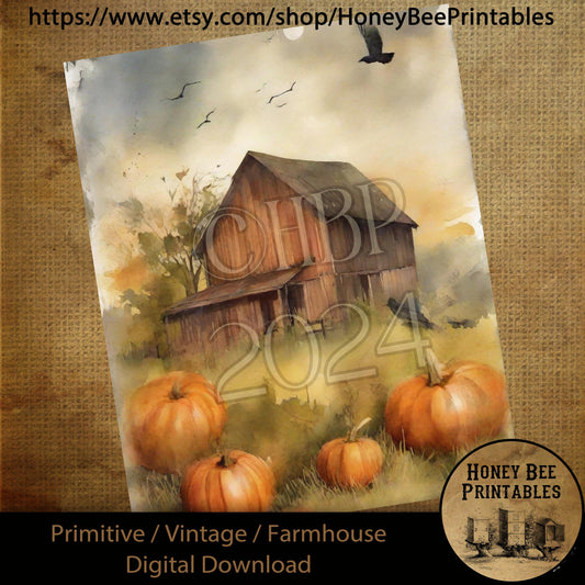 Vintage Digital Download Printable Sublimate Decoupage Primitive, Painting, Fall, Autumn, Watercolor, Halloween, Pumpkin Patch, Barn, Crows