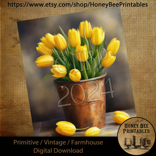 Vintage Digital Download Printable Sublimate Decoupage Oil Painting, Primitive, Bucket of Yellow Tulips, Yellow Tulips, Bucket, Still Life