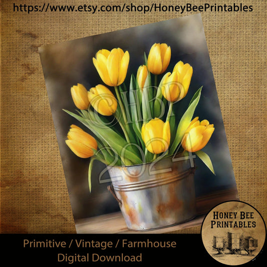 Vintage Digital Download Printable Sublimate Decoupage Oil Painting, Primitive, Bucket of Yellow Tulips, Yellow Tulips, Bucket, Still Life 2