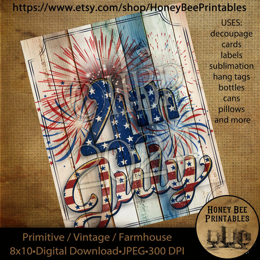 Vintage Primitive Farmhouse Digital Download Printable Decoupage Patriotic American Flag, Fireworks, 4th of July, Red White and Blue, Shabby