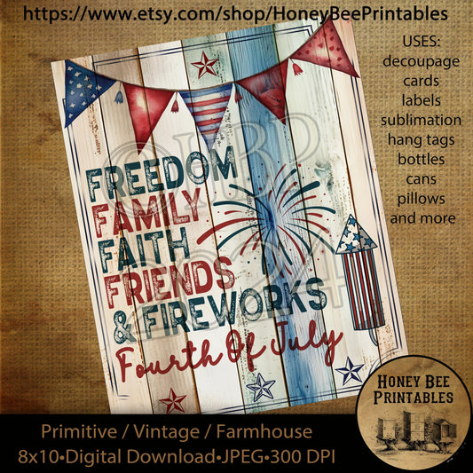 Vintage Primitive Farmhouse Digital Download Printable Decoupage Patriotic America, Freedom, Family, Faith, Friends, Fireworks, 4th of July