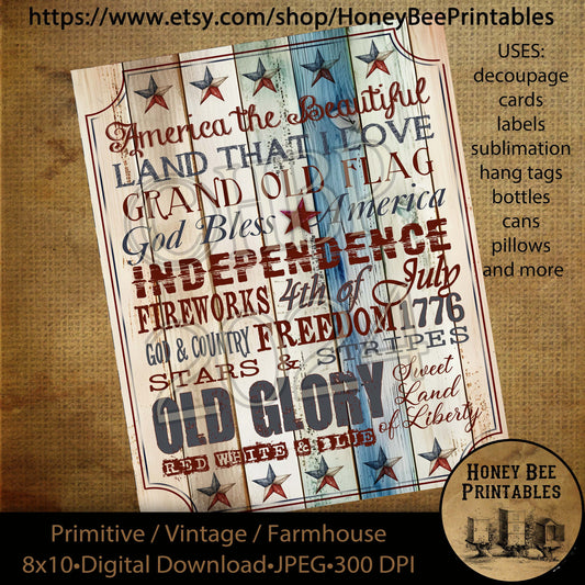 Vintage Primitive Farmhouse Digital Download Printable Decoupage Patriotic America 4th of July, USA, Flag, Fireworks, Typography, Subway Art