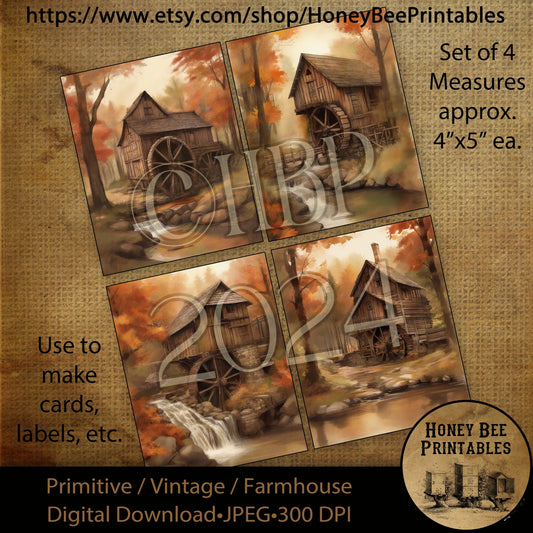 Vintage Digital Download Printable Sublimate Decoupage Primitive, Painting, Fall, Autumn, Watercolor, Watermill, Water Mill, Set of 4 Labels