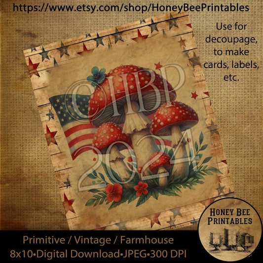 Vintage Primitive Farmhouse Digital Download Printable Decoupage Patriotic, Americana, Mushroom, Flag, Shrooms, Psychedelic, 60s, Sixties 1