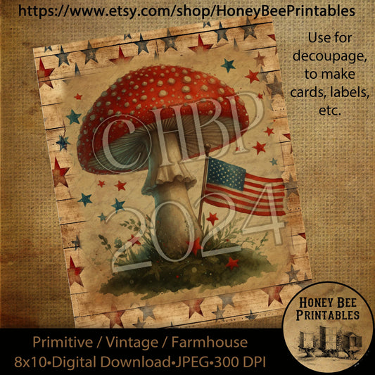 Vintage Primitive Farmhouse Digital Download Printable Decoupage Patriotic, Americana, Mushroom, Flag, Shrooms, Psychedelic, 60s, Sixties 4