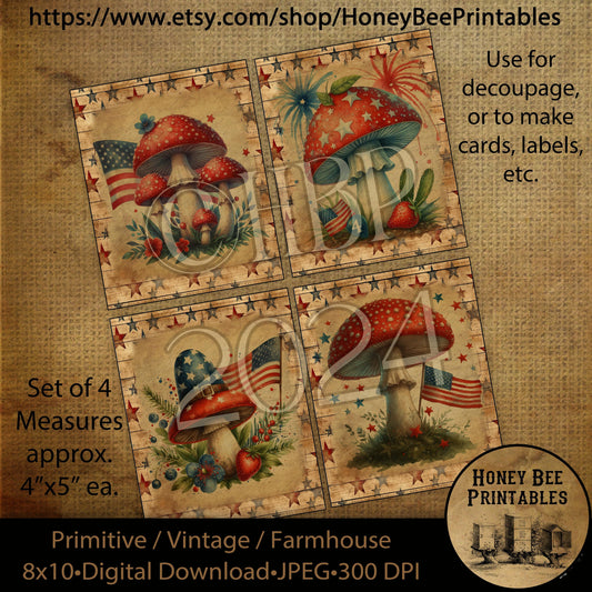 Vintage Primitive Farmhouse Digital Download Printable Decoupage Patriotic, Americana, Mushroom, Shrooms, Psychedelic, 60s, Labels, Set of 4