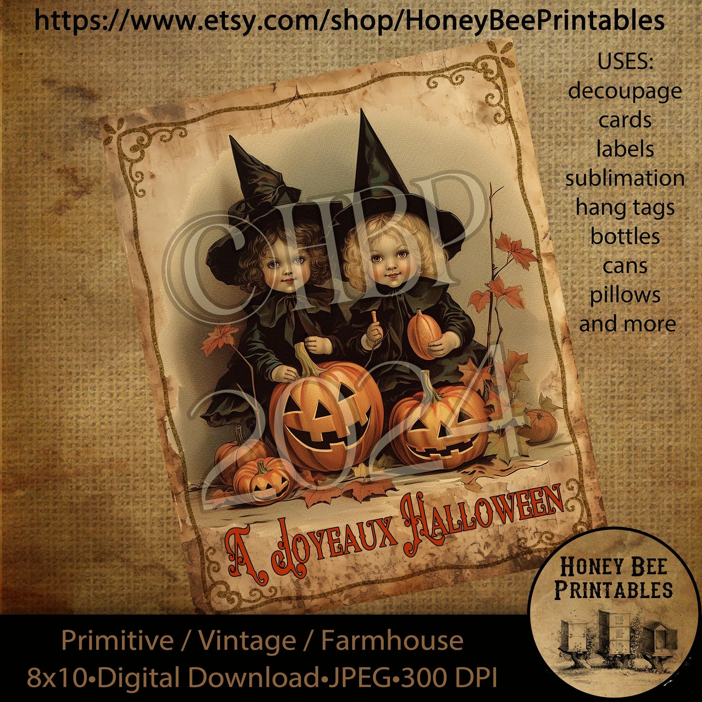 Vintage Digital Download Printable Sublimate Decoupage Primitive, Halloween Vintage Postcards reproduction, little witches, jack-o-lantern