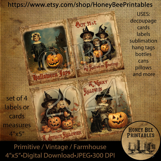 Vintage Digital Download Printable Decoupage Primitive, Halloween Vintage Postcards reproduction, little witches, jack-o-lantern, Set of 4