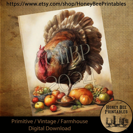 Vintage Digital Download Printable Sublimate Decoupage Primitive, Painting, Fall, Autumn, Watercolor, Beautiful Turkey, Thanksgiving 03