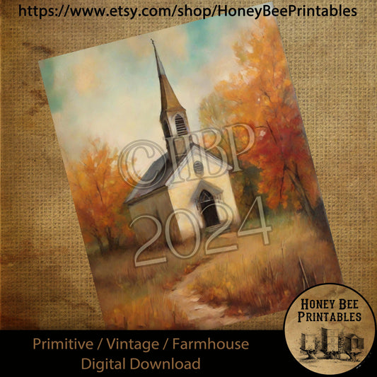 Vintage Digital Download Printable Sublimate Decoupage Primitive, Painting, Fall, Autumn, Old Rustic White Country Church, Grungy Chapel 02