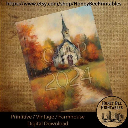 Vintage Digital Download Printable Sublimate Decoupage Primitive, Painting, Fall, Autumn, Old Rustic White Country Church, Grungy Chapel 03