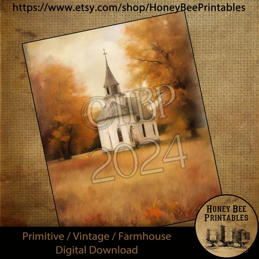 Vintage Digital Download Printable Sublimate Decoupage Primitive, Painting, Fall, Autumn, Old Rustic White Country Church, Grungy Chapel 05