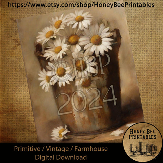 Vintage Digital Download Printable Sublimate Decoupage Primitive, Painting, Summer, Spring, Rusty Bucket, Daisies, Bucket of Daisies, Daisy