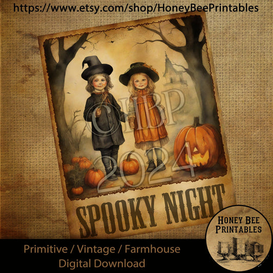 Vintage Digital Download Printable Sublimate Decoupage Primitive, Painting, Halloween, Children, Pumpkins, Jack-O-Lantern, Spooky Night