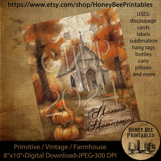 Vintage Primitive Farmhouse Digital Download Printable Decoupage Labels Fall Autumn Old White Church Chapel Pumpkins Harvest Homecoming