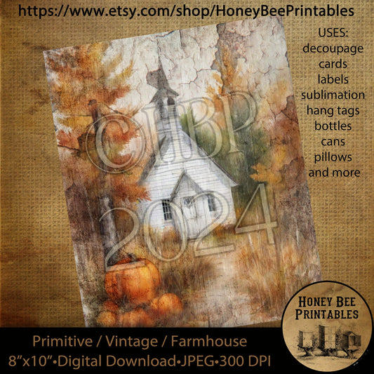 Vintage Primitive Farmhouse Digital Download Printable Decoupage Labels Fall Autumn Old White Church Chapel Pumpkins Trees