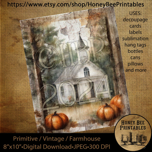 Vintage Primitive Farmhouse Digital Download Printable Decoupage Labels Fall Autumn Old White Church Chapel Trees Wood Frame Border