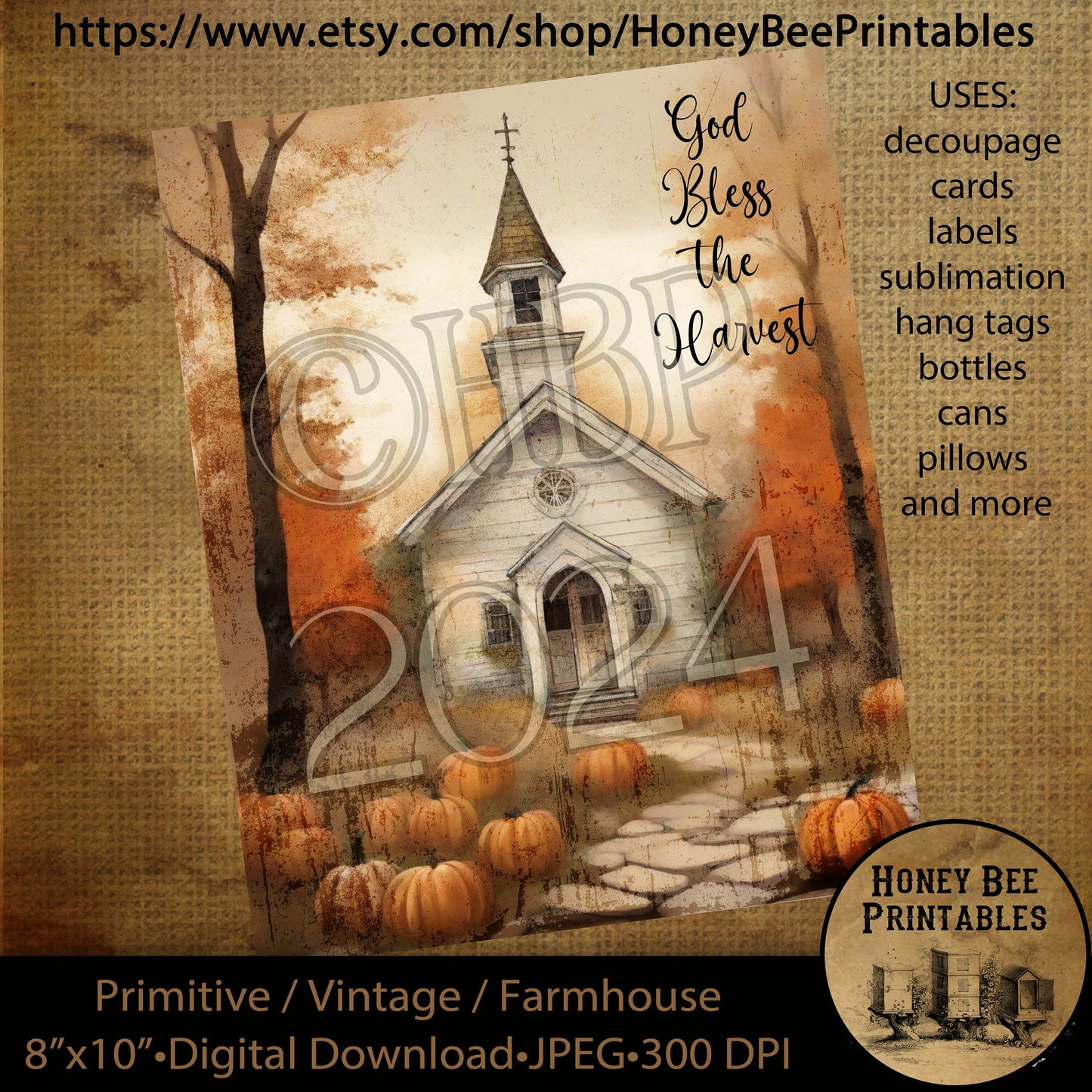 Vintage Primitive Farmhouse Digital Download Printable Decoupage Labels Fall Autumn Old White Church Chapel Trees God Bless the Harvest