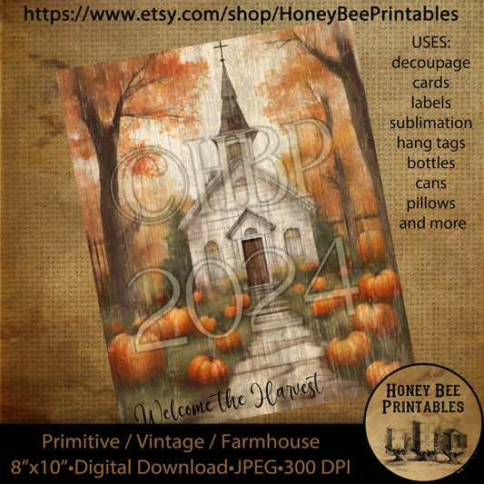 Vintage Primitive Farmhouse Digital Download Printable Decoupage Labels Fall Autumn Old White Church Chapel Trees Welcome the Harvest