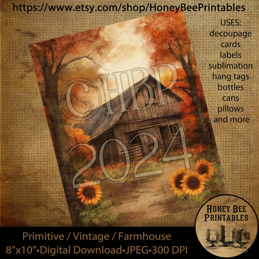 Vintage Primitive Farmhouse Digital Download Printable Decoupage Labels Fall Autumn, Old Rustic Barn, Sunflowers, Farm 01