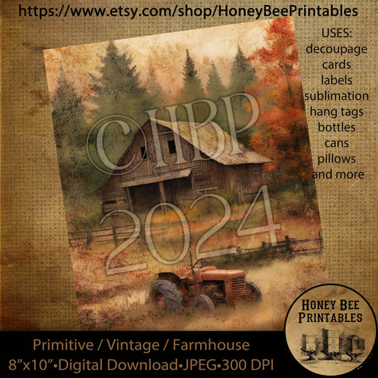 Vintage Primitive Farmhouse Digital Download Printable Decoupage Labels Fall Autumn, Old Rustic Barn, Old Rusty Tractor, Farm