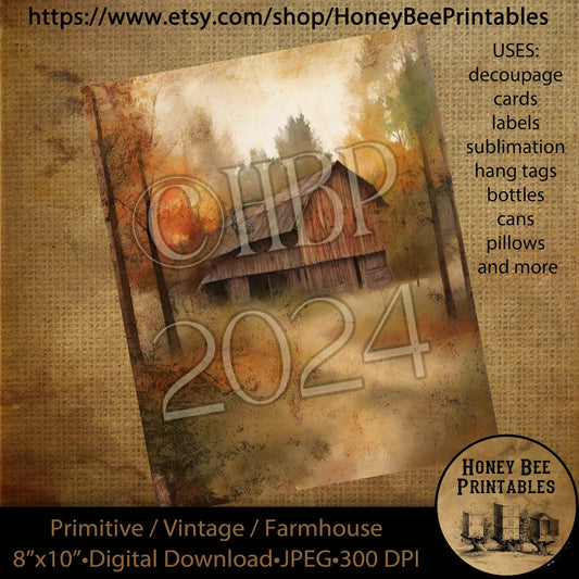 Vintage Primitive Farmhouse Digital Download Printable Decoupage Labels Fall Autumn, Old Rustic Barn, Sunflowers, Beautiful Landscape 1