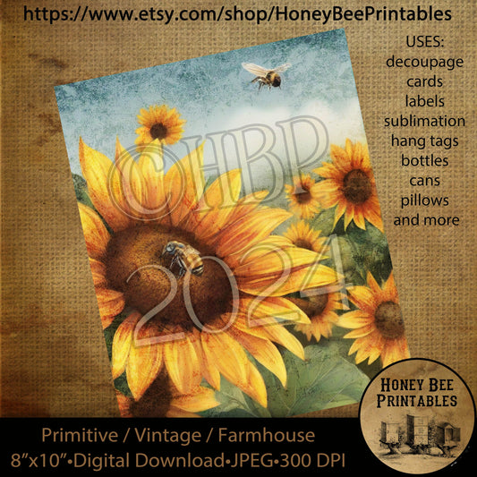 Vintage Primitive Farmhouse Digital Download Printable, Decoupage, Labels, Summer, Fall, Sunflowers, Bees, Sunshine, Flowers, Summertime, 03