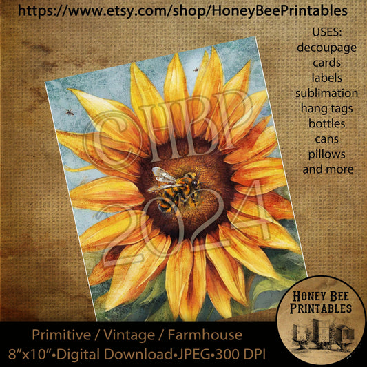 Vintage Primitive Farmhouse Digital Download Printable, Decoupage, Labels, Summer, Fall, Sunflowers, Bees, Sunshine, Flowers, Summertime, 04