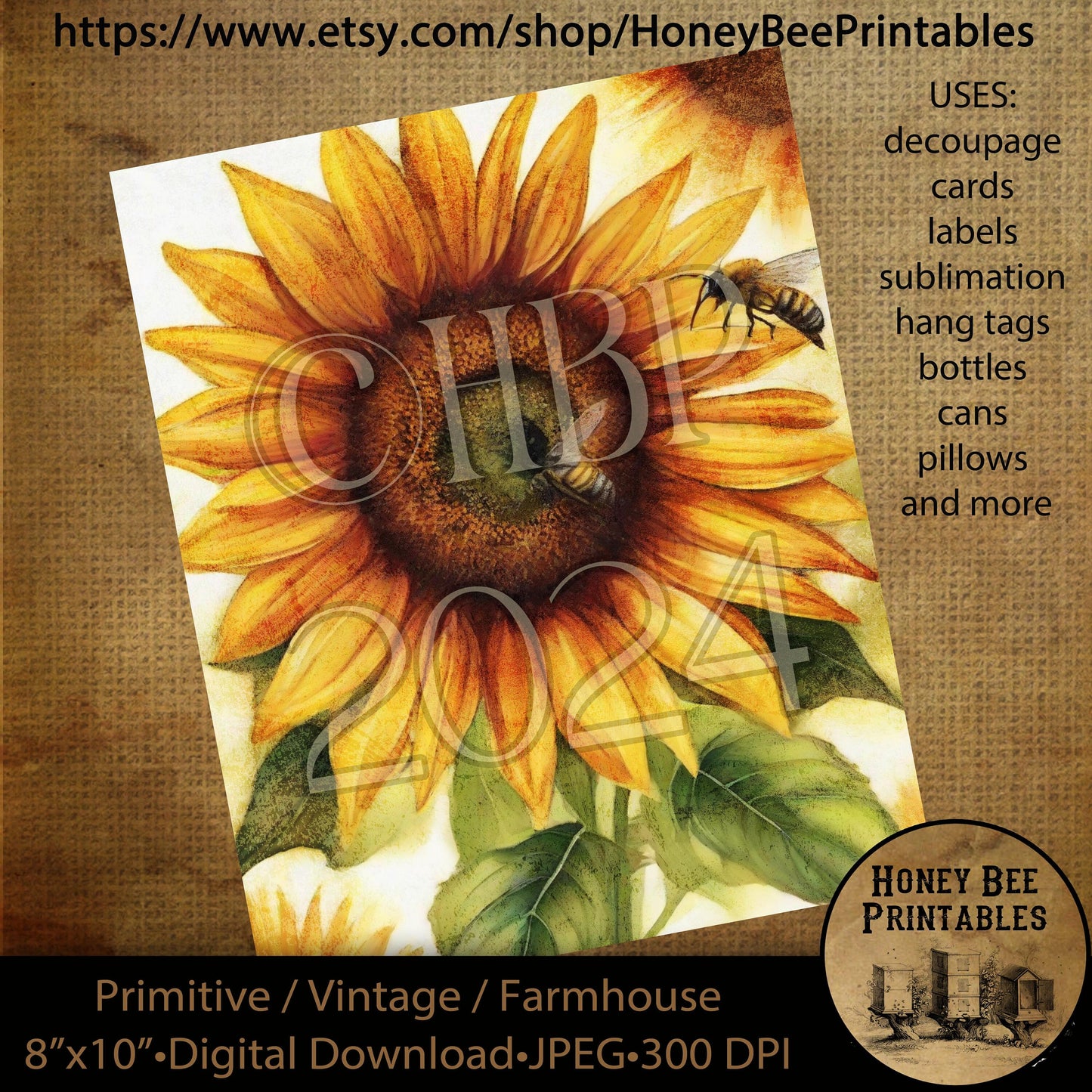 Vintage Primitive Farmhouse Digital Download Printable, Decoupage, Labels, Summer, Fall, Sunflowers, Bees, Sunshine, Flowers, Summertime, 05