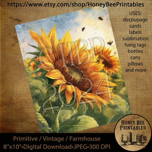 Vintage Primitive Farmhouse Digital Download Printable, Decoupage, Labels, Summer, Fall, Sunflowers, Bees, Sunshine, Flowers, Summertime, 06