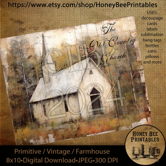 Vintage Primitive Farmhouse Digital Download Printable Decoupage Labels Fall Autumn Old White Church Chapel The Old Country Church