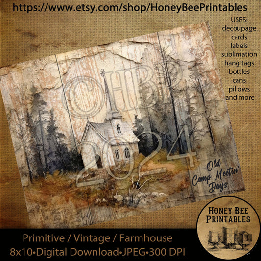 Vintage Primitive Farmhouse Digital Download Printable Decoupage Labels Fall Autumn Old White Church Chapel Old Camp Meetin' Days