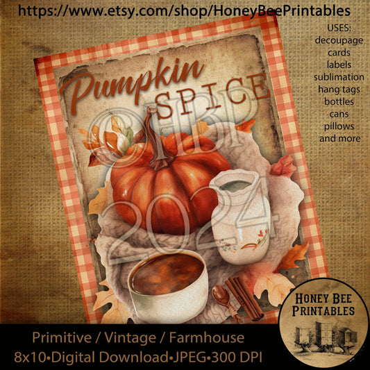 Vintage Digital Download Printable Sublimate Decoupage Primitive, Fall, Autumn, Harvest, Pumpkins, Leaves, Pumpkin Spice, Cider, Coffee