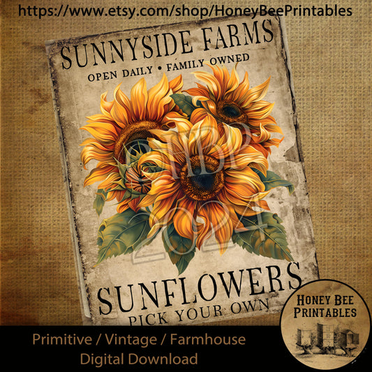 Vintage Digital Download Printable Sublimate Decoupage Primitive, Summer, Flowers, Sunflowers, Sunshine, Sunnyside Farms, Pick Your Own