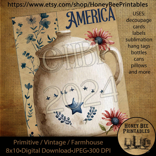 Vintage Primitive Farmhouse Instant Download Printable Decoupage Cans Labels, Patriotic, Americana, Old Crock, Farm Kitchen, Flowers, Crock