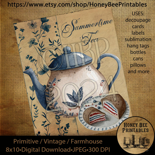 Vintage Primitive Instant Download Printable Decoupage Cans Labels, Patriotic, Americana, Farmhouse Kitchen, Summertime Tea, Teapot, cake,