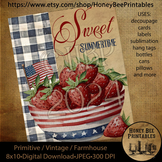 Vintage Primitive Instant Download Printable Decoupage Cans Labels, Patriotic, Americana, Farmhouse Kitchen, Summertime, Strawberries, Bowl