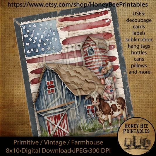 Vintage Primitive Instant Download Printable Decoupage, Patriotic, Americana, Farm, Barn, Animals, Cow, Pig, Rooster, 4th on the Farm