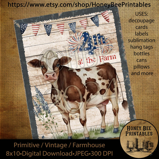 Vintage Primitive Instant Download Printable Decoupage, Patriotic, Americana, Farm, Barn, Animals, Cow, 4th of July on the Farm