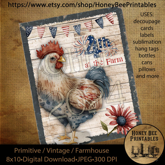 Vintage Primitive Instant Download Printable Decoupage, Patriotic, Americana, Farm, Barn, Animals, Rooster, 4th of July on the Farm