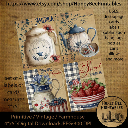 Vintage Primitive Instant Download Printable Decoupage, Patriotic, Americana, Crock, Teapot, Pitcher, Kitchen Labels, Cards, Strawberries