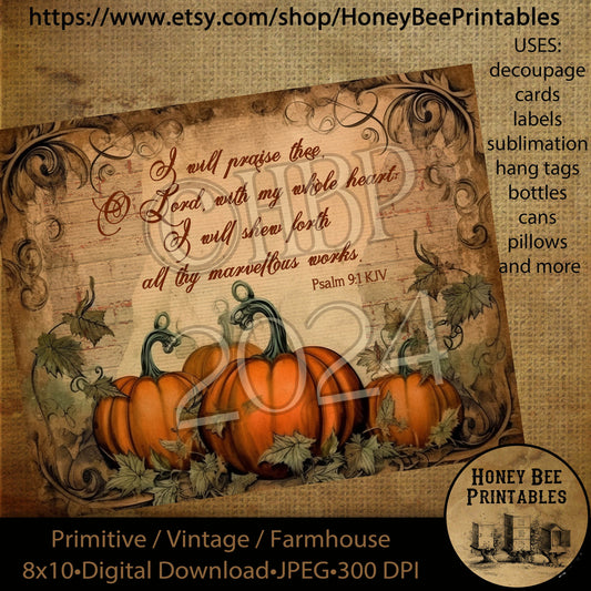 Vintage Primitive Instant Download Printable Decoupage, Fall, Autumn,, Pumpkins, Bible, Scripture, Thanksgiving, I Will Praise Thee O Lord