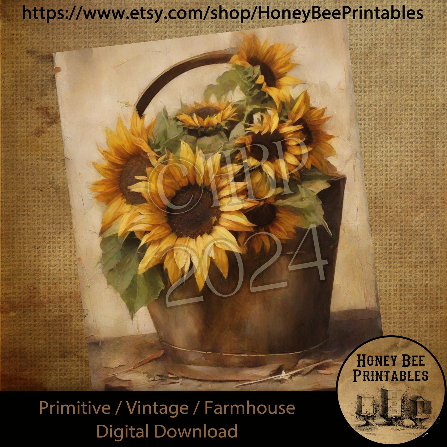 Vintage Digital Download Printable Sublimate Decoupage Primitive, Painting, Rusty Bucket, Sunflowers, Bucket of Sunflowers, Summer, Fall